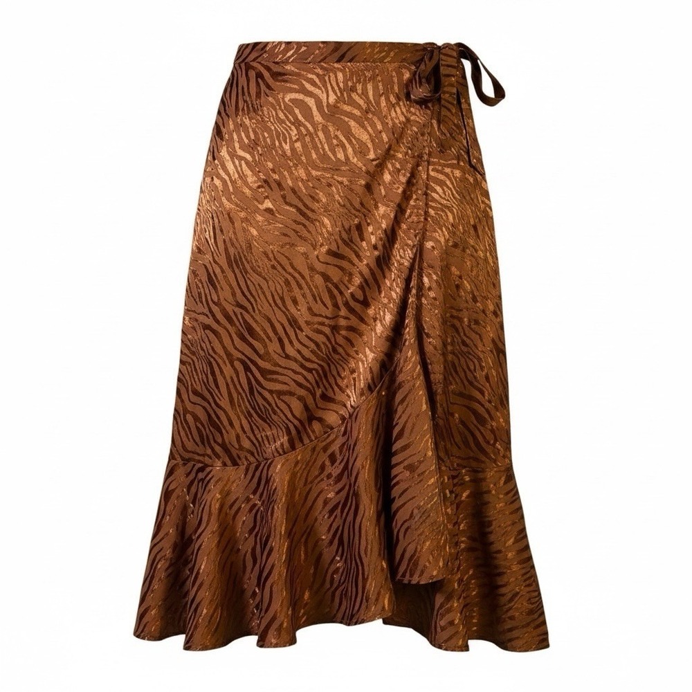 Maeve by Anthropologie Skirt Sz 6 Tamra Bronze Zebra Animal Satin Faux Wrap Midi